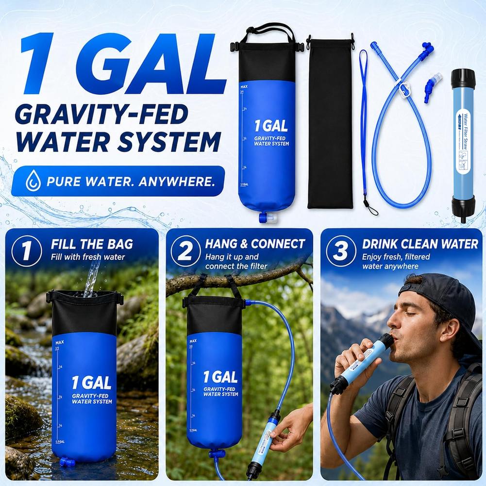 Water Purification Straw - 1 Gal Gravity Water Filter Bag