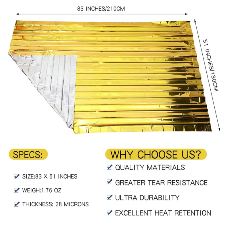 Survival Blanket Reflective - Gold‑Silver Mylar Thermal Survival Blanket 130×210cm,